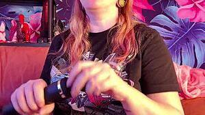 Busty milf unboxes Lovense Domi 2 wand vibrator for dirty talk and orgasm