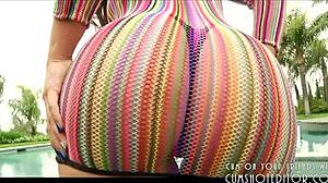 Beautiful Hispanic woman with great ass in a striptease outside by the pool.