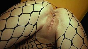 Cowgirl sex leads to rough anal creampie in fishnets