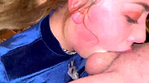 Beautiful bimbo gets a facial and a throat pie in a very hot scene