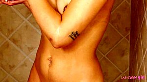 Shy Brunette with Big Hair Strips Down for a Steamy Shower During Casting Photoshoot