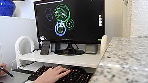 Femboy fingers keyboard while masturbating