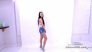 Young brunette gets blown by monster cock during casting