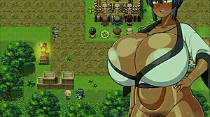 Tanned girl Natsuki in hentai game festival blowbang with creampie