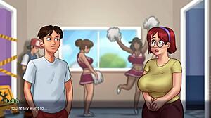 In Summertime Saga, innocent busty redhead Judith flaunts her huge college tits