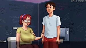 In Summertime Saga, innocent busty redhead Judith flaunts her huge college tits