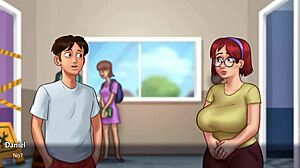 In Summertime Saga, innocent busty redhead Judith flaunts her huge college tits