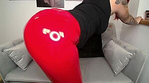 Red leather fetish leggings on a European teen