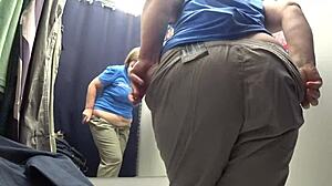 Fat blonde in white panties, solo in the changing room