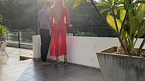 Skinny blonde ladyboy dominates and fucks her client hard