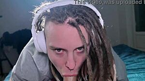 Headphones on, she still drains dick. Man, she loves sucking hard cock daily.