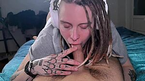 Headphones on, she still drains dick. Man, she loves sucking hard cock daily.