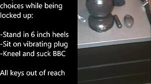 The sissy prepares himself for selfbondage, spreading his legs with a dildo