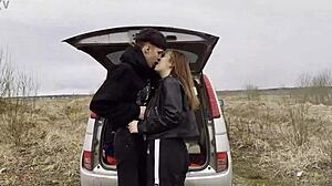 Horny couple enjoy passionate sex right in the car, with full view of others