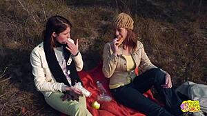 Brunette Couple Goes Wild with Strapon Lesbian Sex on Hike 😍