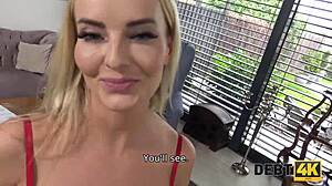 Hey, watch this blue-eyed blonde housewife ride dick to clear debt