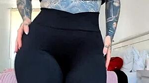 milf in sheer leggings shows off huge curves in close-up view