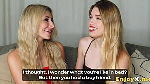 Catch beautiful European blondes Tory Sweet and Freya Mayer in intense double dildo play.