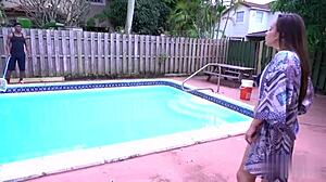 Evie Olson takes the pool boy's huge cock in doggystyle interracial action